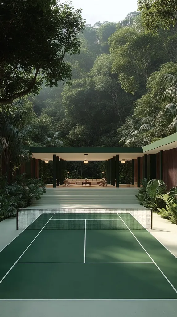 A lush, green tennis court nestles within a verdant tropical landscape.  The court is a deep emerald green, contrasting beautifully with the lighter-colored steps leading up to a covered pavilion.  Lush foliage surrounds the area, creating a secluded and tranquil atmosphere. The pavilion offers seating, suggesting a relaxing space for socializing after a game. The overall scene evokes a sense of serene luxury.