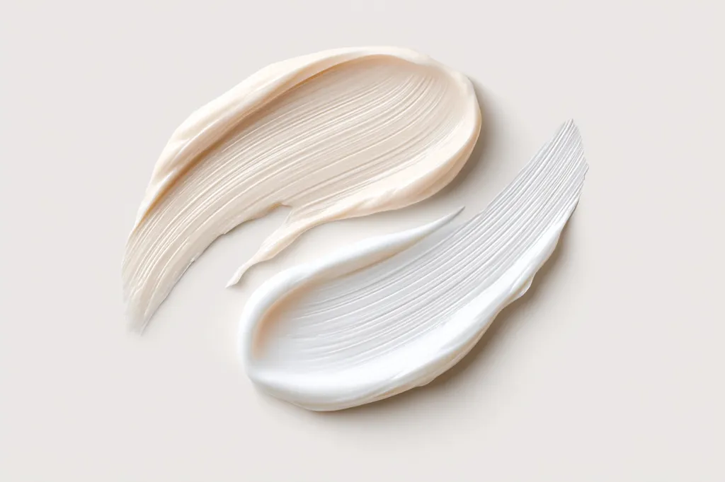 Two swatches of creamy cosmetic products are displayed against a neutral background.  One swatch is a light beige, the other a bright white. Both are thickly applied with visible brush strokes, showcasing their texture and consistency.  The image emphasizes the smooth, luxurious appearance of the creams.
