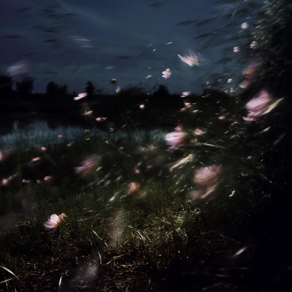 A nighttime long-exposure photograph captures the ethereal beauty of delicate pink flowers being swept away by a strong wind.  Blurred motion trails of the blossoms create a dreamy, almost surreal effect against the dark, silhouetted background of trees and grass.  The image evokes a sense of fleeting beauty and the power of nature.