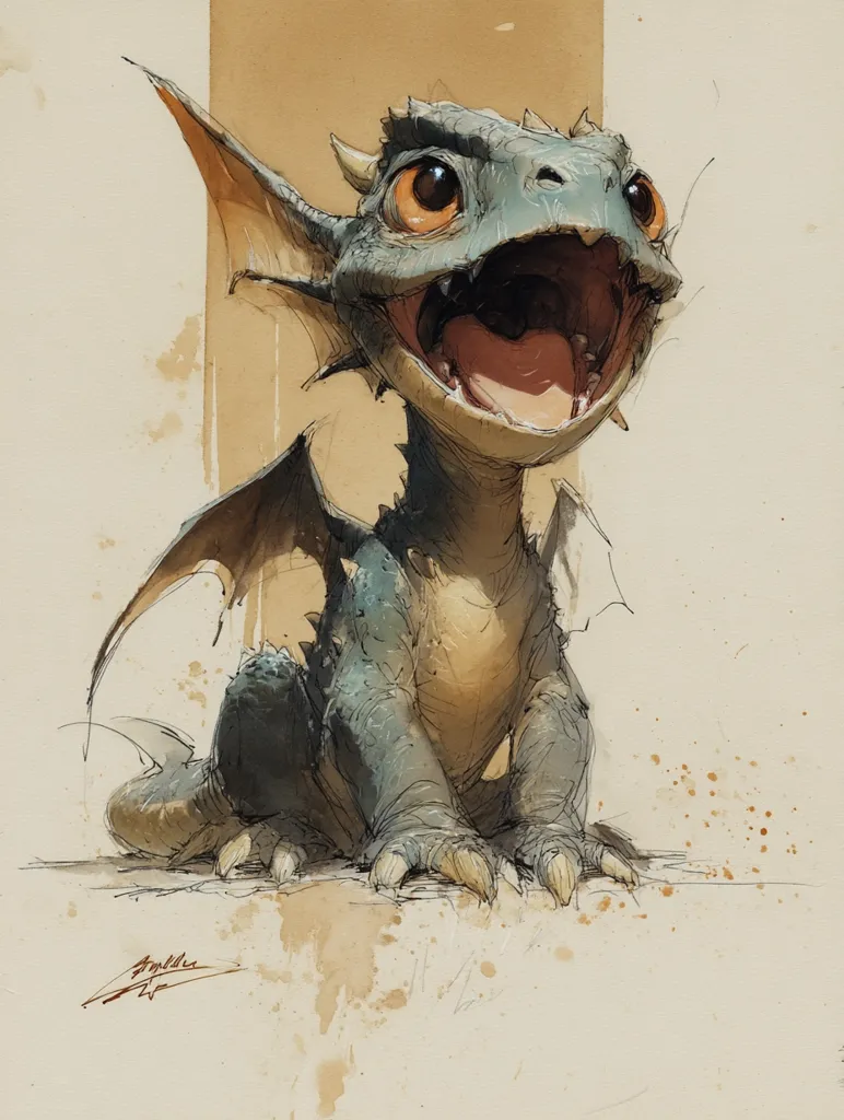 A whimsical illustration depicts a baby dragon, its mouth open in a joyful expression.  The dragon is teal and tan, with large, expressive eyes. Its small wings are partially unfolded, and it sits on a light beige background with subtle watercolor washes. The style is painterly, with visible brushstrokes giving the piece a textured feel.  The artist's signature is faintly visible in the bottom left corner.