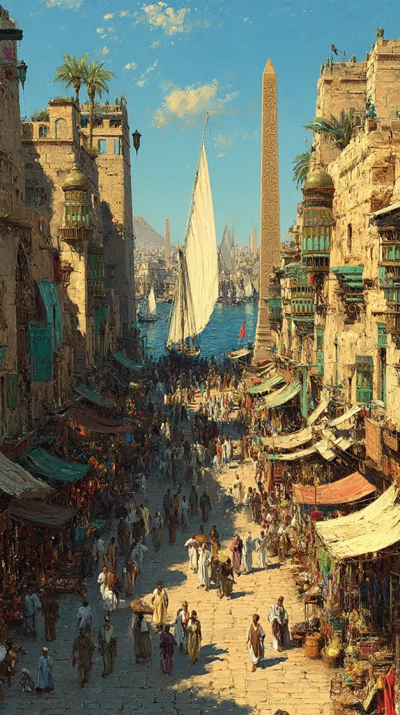 A vibrant painting depicts a bustling marketplace in ancient Egypt.  Tall buildings line a sun-drenched street filled with people in traditional clothing, their shadows stretching across the cobblestones.  A large sailboat glides on the waterway in the background, with a towering obelisk standing proudly.  The scene is rich with detail, showcasing the lively commerce and architecture of a historical Egyptian city.