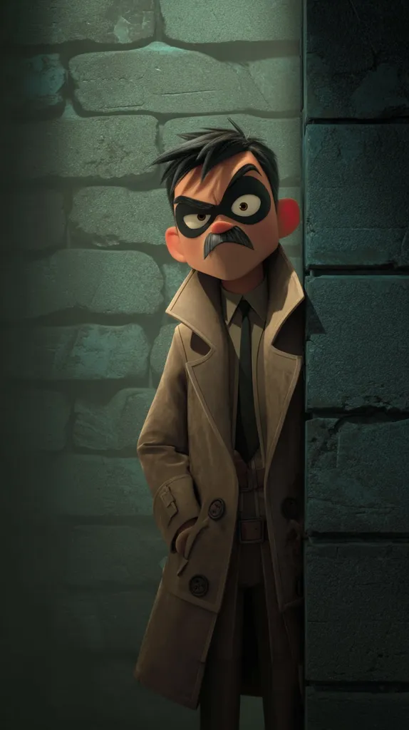 A stylized animated character, possibly a detective or superhero, stands in a shadowy alleyway. He wears a tan trench coat, a dark tie, and a black eye mask. His expression is serious, and he has a small mustache. The background is a textured brick wall, adding to the gritty atmosphere. The lighting is dramatic, highlighting the figure against the dark backdrop. The overall style suggests a film noir or mystery theme.