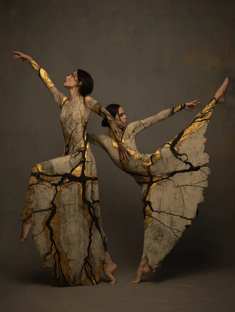 Two dancers, elegantly poised, are captured in a captivating studio shot.  They wear flowing, textured gowns adorned with gold leaf accents, mimicking cracked earth. The garments' design is striking against a muted background. The dancers' graceful poses suggest a sense of unity and artistic expression, emphasizing the beauty of movement and costume design.
