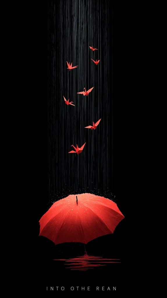 A red umbrella sits under a dark, rainy sky.  Several red origami cranes drift down from above, seemingly falling into the umbrella's protective cover. The image evokes a sense of serenity and perhaps a quiet escape from the storm. The stark contrast between the red and black creates a striking visual.  The words "INTO THE RAIN" are subtly placed at the bottom.