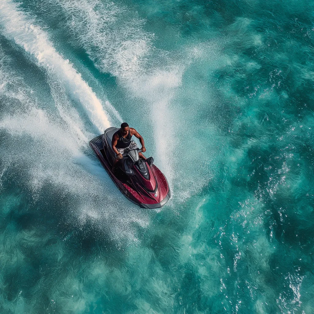 An aerial view captures a man on a maroon jet ski speeding across vibrant turquoise water.  White water sprays from behind the craft, creating a dynamic wake. The man is centered in the frame, focused on maneuvering the jet ski, enjoying the thrill of the ride. The clear water reveals the ocean floor beneath.