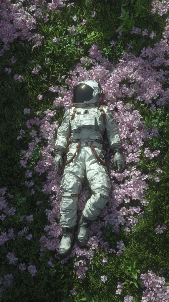 An astronaut in a white spacesuit lies peacefully amidst a field of delicate pink flowers.  The scene is serene and contrasts the harshness of space travel with the gentle beauty of nature.  Sunlight filters through the blossoms, creating a tranquil atmosphere. The astronaut appears relaxed, suggesting rest or contemplation.  The overall image evokes a sense of peace and wonder.