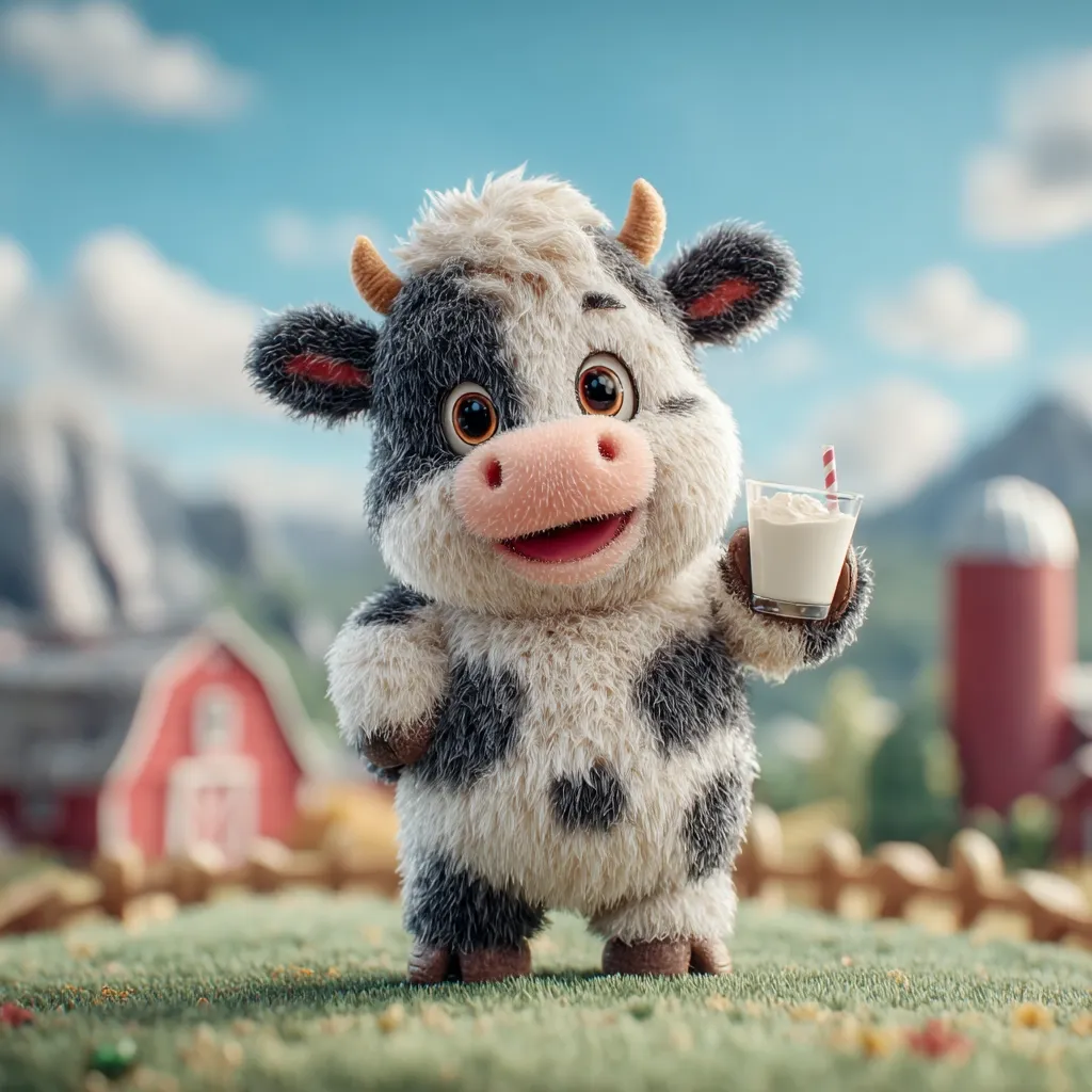 A charming, fluffy calf, rendered in 3D, stands in a grassy field.  The adorable black and white cow holds a small glass of milk with a red straw.  A rustic barn and idyllic countryside form a peaceful backdrop, emphasizing the wholesome image. The calf's cheerful expression and soft fur enhance its endearing qualities.