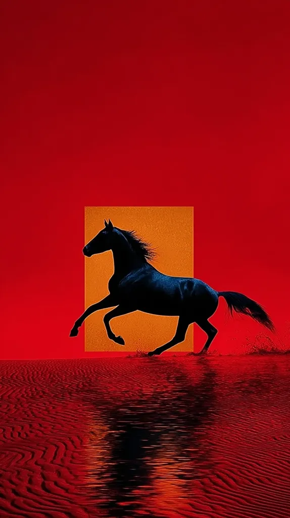 A stylized image depicts a black horse galloping across a red landscape.  The horse is silhouetted against an orange rectangle, creating a striking contrast. Its reflection ripples in the textured, red water or sand below, mimicking the movement of the horse. The overall effect is bold and graphic, suggesting themes of freedom and power against a fiery backdrop.