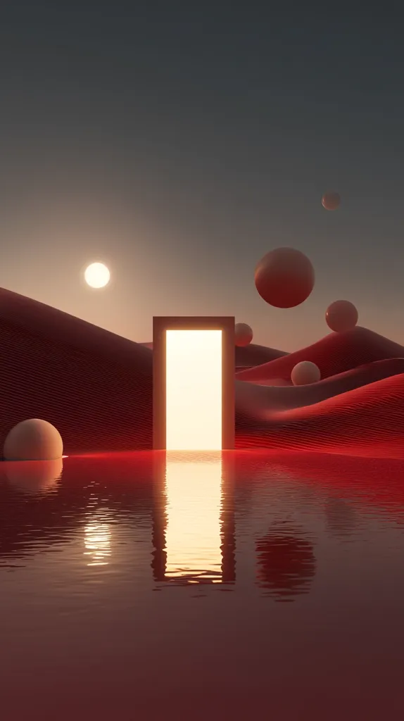 A glowing doorway stands in a surreal landscape of red, undulating hills reflecting in a still, crimson pool of water.  Several floating spheres are scattered across the scene under a pale sun. The overall atmosphere is serene yet otherworldly, emphasizing the mysterious luminescence emanating from the door.