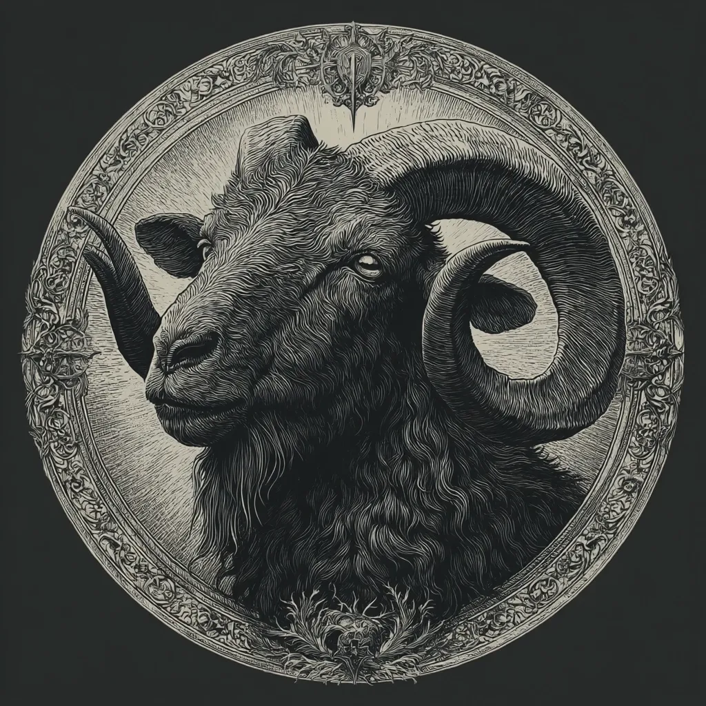 A detailed, monochrome illustration depicts a ram's head within an ornate, circular frame.  The ram, rendered in a style reminiscent of woodblock printing, possesses thick, dark fur and impressive, spiraled horns. The frame is intricately detailed with floral and possibly gothic motifs.  The overall aesthetic is dark, elegant, and slightly ominous.  A small floral element rests beneath the ram's chin.