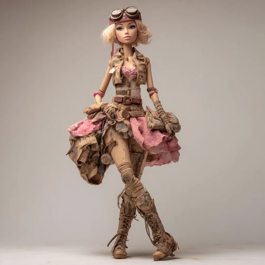 A meticulously crafted doll, seemingly post-apocalyptic in style, is captured in a full-body shot against a neutral backdrop.  The doll sports goggles, blonde hair, and a tattered pink dress layered over a mud-caked, utilitarian vest and pants.  Her boots and accessories are similarly distressed, contributing to a rugged, survivor aesthetic. The doll's pose is dynamic, suggesting movement and resilience.