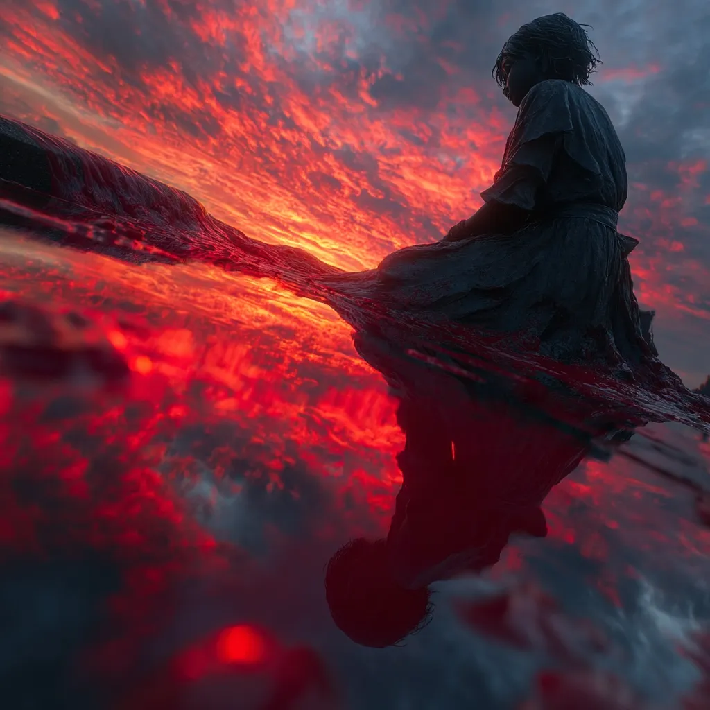 A silhouetted figure, possibly a statue or person, sits by the water's edge.  The vibrant, fiery sunset reflects intensely in the calm water, creating a surreal, almost otherworldly scene. The dark figure contrasts sharply with the blazing red and orange hues of the sky and its reflection, evoking a sense of mystery and contemplation. The image's composition emphasizes the dramatic contrast between light and shadow.