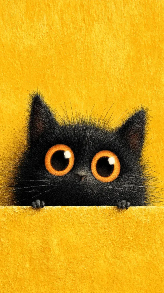 A black cat with large, round, orange eyes peeks over a bright yellow surface.  Its fluffy fur contrasts sharply with the vibrant background.  Only the cat's head and paws are visible, creating a playful and curious image. The texture of both the cat's fur and the yellow surface is subtly rendered.