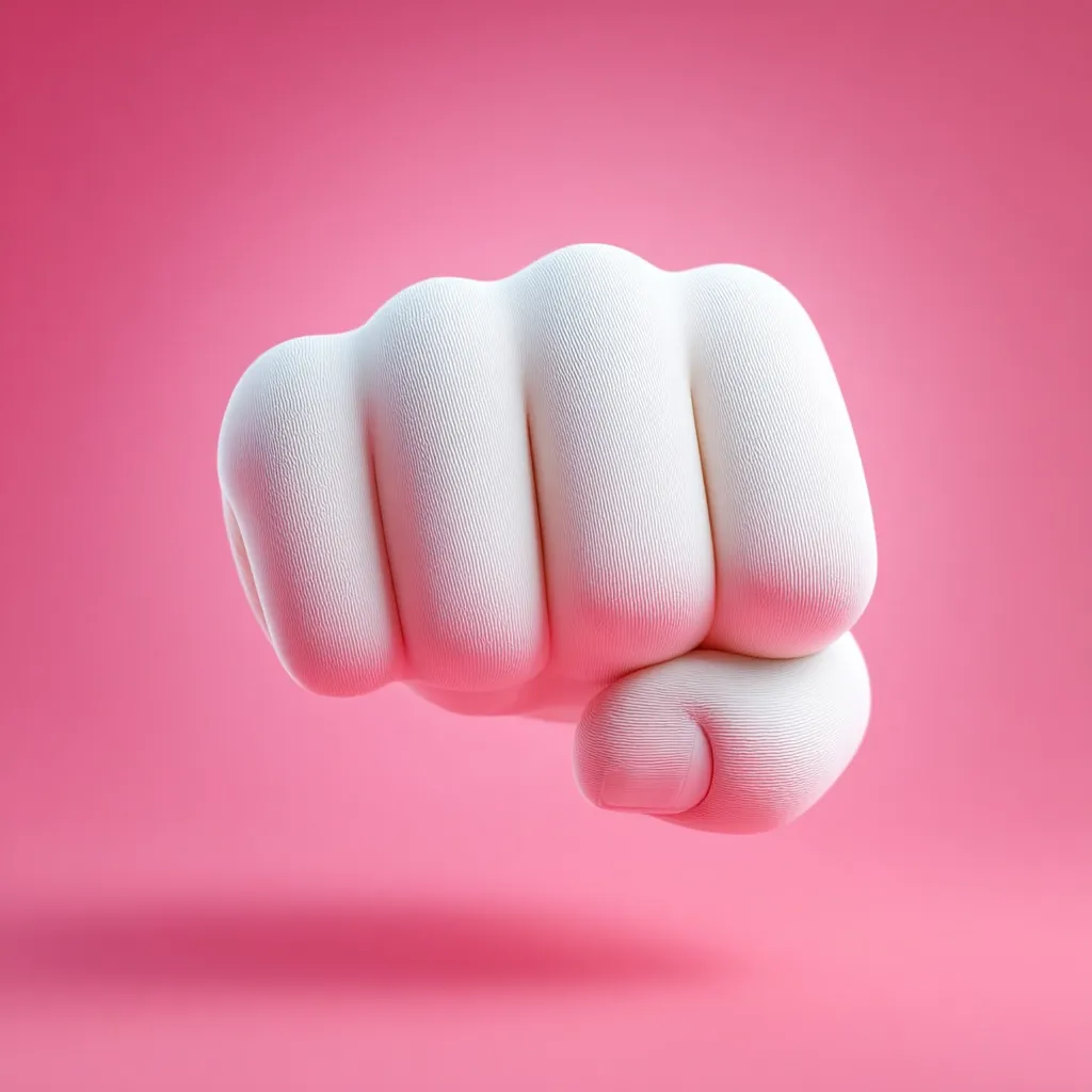 A close-up shot reveals a stylized, off-white fist against a vibrant pink backdrop.  The fist is rendered with a smooth, almost clay-like texture, emphasizing its rounded forms and the subtle details of each knuckle. The image is minimalist, focusing solely on the powerful gesture of the clenched fist.  The contrast between the soft texture and the bold pose creates a striking visual effect.
