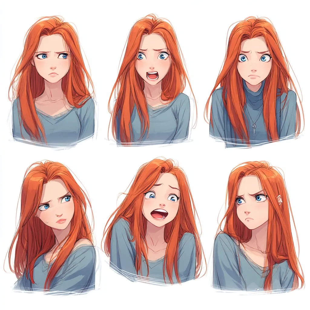 Six illustrations of a young woman with long, vibrant red hair, each depicting a different facial expression.  The expressions range from anger and annoyance to surprise and slight disgust.  She wears a simple, light blue top in each image, showcasing the diverse emotions on her face.  The art style is clean and expressive, typical of anime or manga.