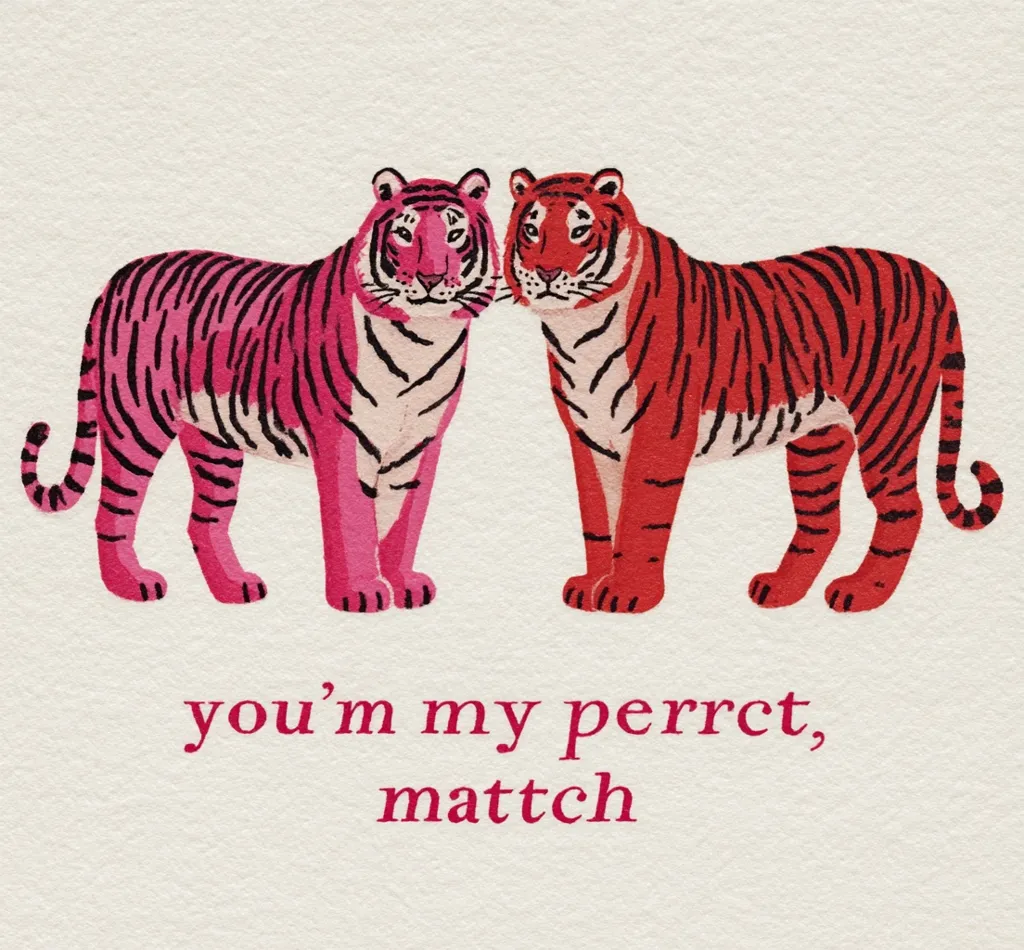 A charming illustration features two stylized tigers, one pink and one red, standing side-by-side.  Their playful stance suggests affection. Below them, the text "you'm my perrct, mattch" is written in a whimsical font, playfully misspelling "perfect" and "match," adding to the endearing quality of the image.  The overall style is vibrant and romantic, suitable for a Valentine's Day card or similar expression of affection.
