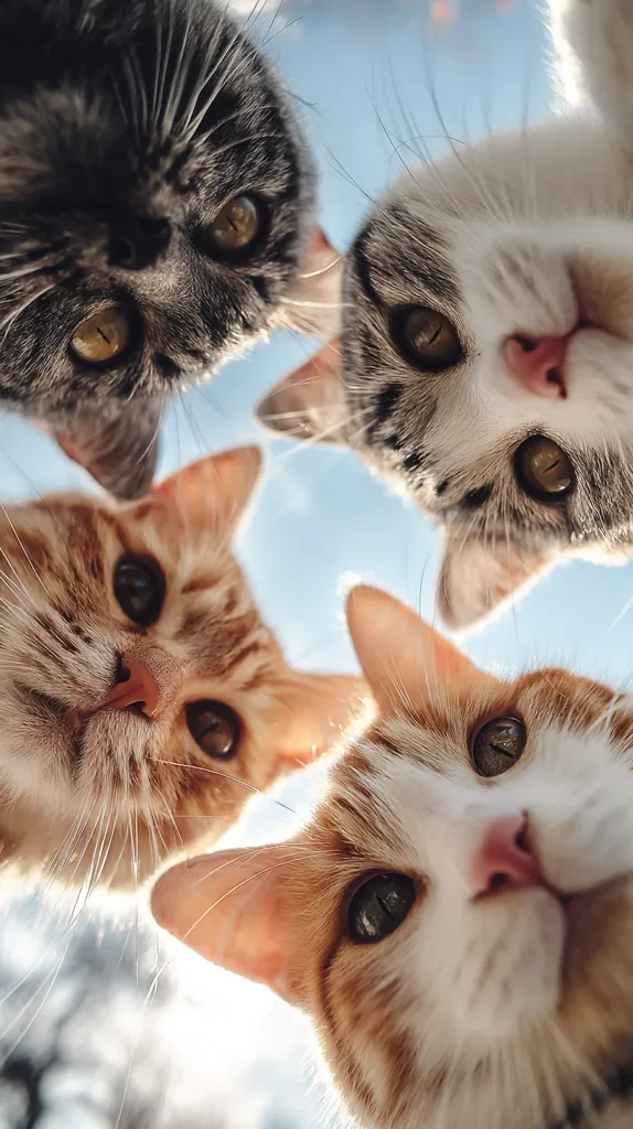 Four cats, viewed from below, gaze directly at the camera.  A grey tabby, a grey and white tabby, and two orange and white tabby cats create a playful, close-up composition. Their bright eyes and curious expressions are highlighted against a bright, out-of-focus sky.  The image captures a fun, intimate moment with these feline friends.