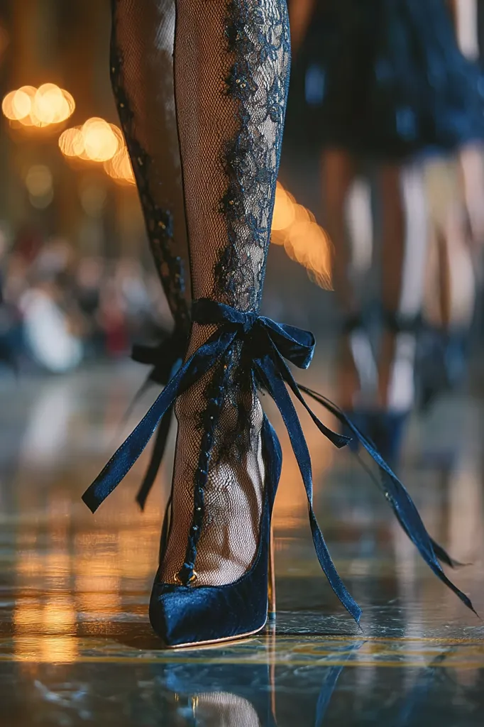 Close-up of a woman's legs wearing dark blue velvet high heels and black lace patterned stockings.  The shoes have long velvet ribbons tied around the ankles.  The background is blurred, showing a dimly lit interior space with bokeh lights, suggesting a fashion show or event. The focus is sharply on the shoes and lower legs.