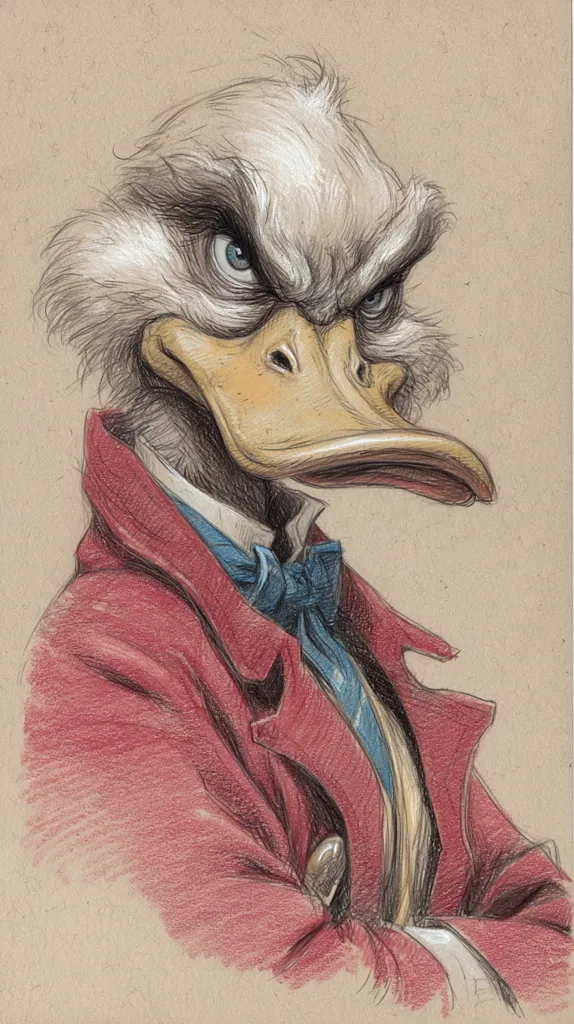A detailed colored pencil drawing depicts a stern-faced anthropomorphic duck.  The duck, with intensely expressive eyes, wears a crimson coat and a cravat, giving it a sophisticated yet intimidating air. The artist's skillful shading creates texture in the feathers and clothing, adding depth and realism to the piece. The overall style is reminiscent of classical portraiture, but with a fantastical subject.