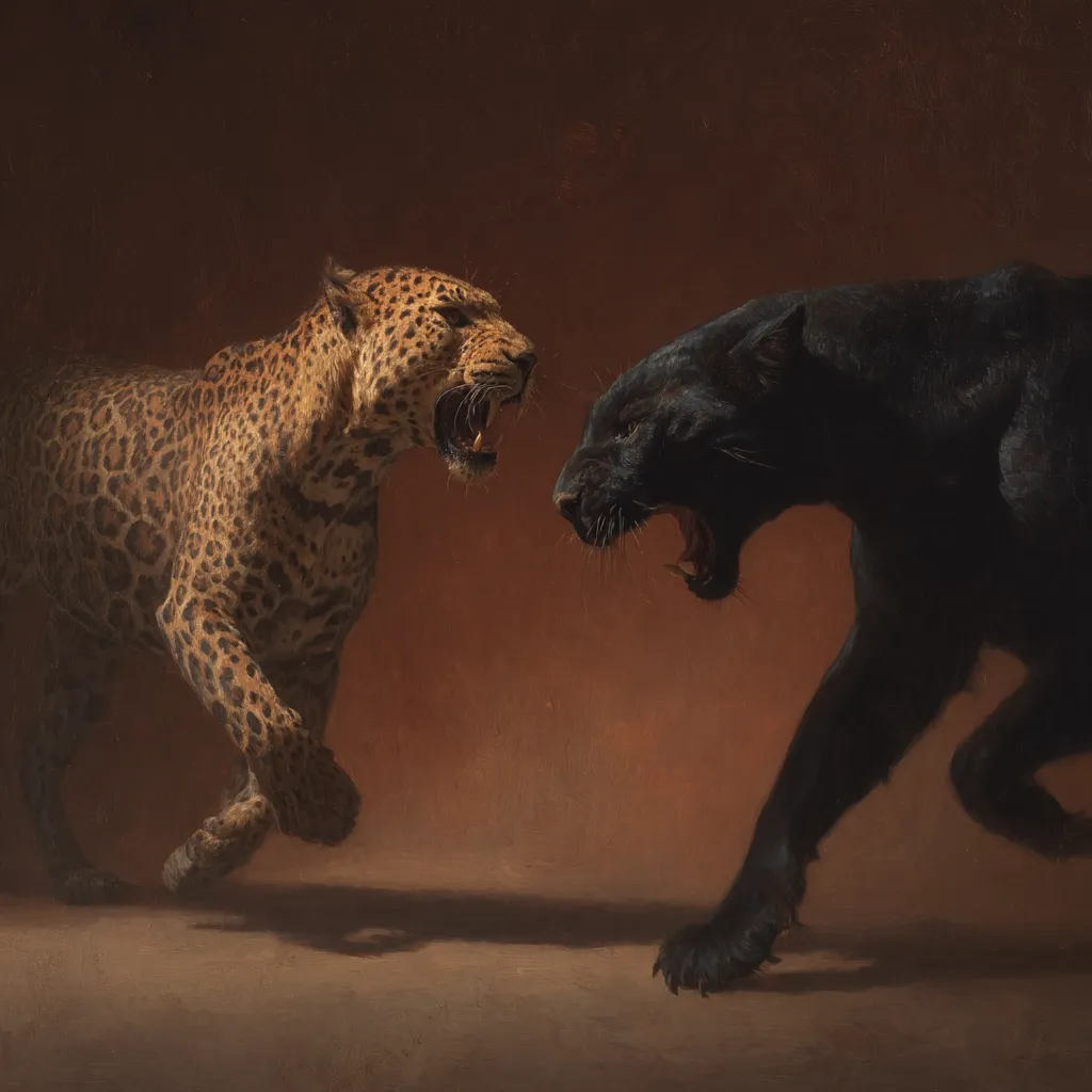 A dramatic painting depicts a jaguar and a black panther facing off against each other.  The jaguar, spotted and tawny, is in motion, appearing aggressive.  The panther, sleek and black, is poised and equally menacing. Both animals have their mouths open, revealing teeth, suggesting an imminent confrontation.  The rich, dark brown background enhances the intensity of the scene.