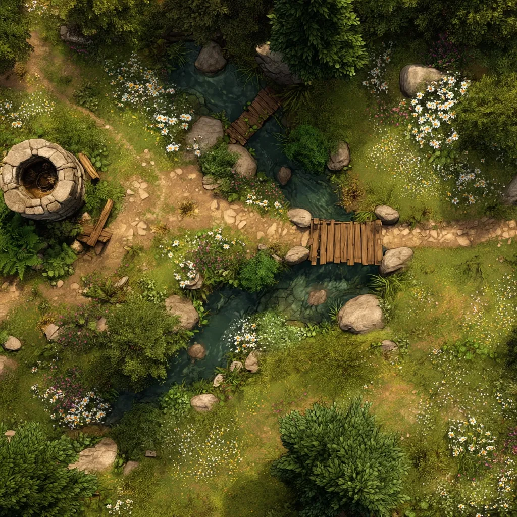 An overhead view of a whimsical forest scene.  Two rustic wooden bridges cross a meandering stream, flanked by verdant pathways winding through wildflowers and lush greenery.  A stone well sits near one path, adding a touch of rustic charm. Rocks dot the landscape, complementing the natural beauty of the setting. The scene is idyllic and peaceful, reminiscent of a fairytale.