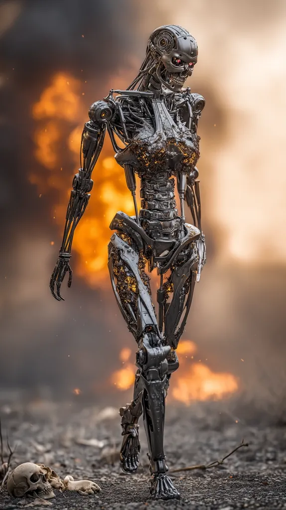 A damaged, female Terminator-like cyborg walks through a post-apocalyptic landscape amidst burning debris.  Its metallic frame is partially scorched, revealing internal components.  Red eyes glow within its skull-like head.  Human skulls lie scattered on the ground in the foreground, emphasizing the destructive environment. The cyborg's determined stride conveys a sense of relentless pursuit.