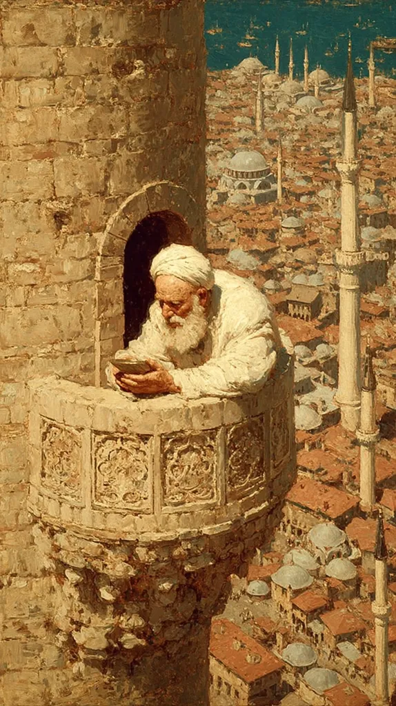 An aged man, clad in white robes and a turban, peers from a stone balcony high atop a weathered tower.  Below him sprawls a breathtaking panorama of Constantinople, a dense tapestry of red-roofed buildings, minarets piercing the sky, and domes gleaming under a sunlit azure expanse. The scene is rich in detail, capturing the bustling life and architectural grandeur of the city.  His contemplative gaze suggests a deep connection to the ancient city below.
