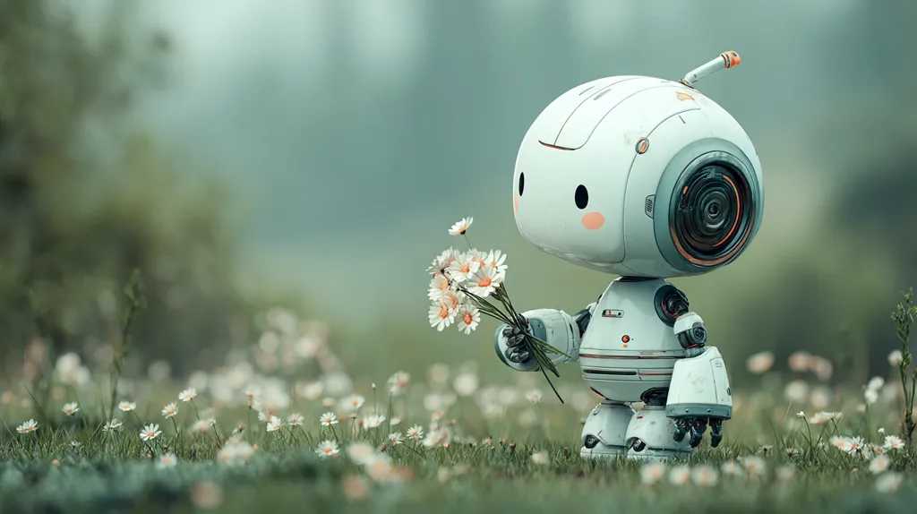 A cute, small, white robot stands in a field of daisies, holding a small bouquet.  The robot has a round head with large, expressive eyes and a small antenna.  The scene is peaceful and evokes a sense of gentleness and unexpected friendship between technology and nature.  The soft focus on the background emphasizes the robot and its offering.