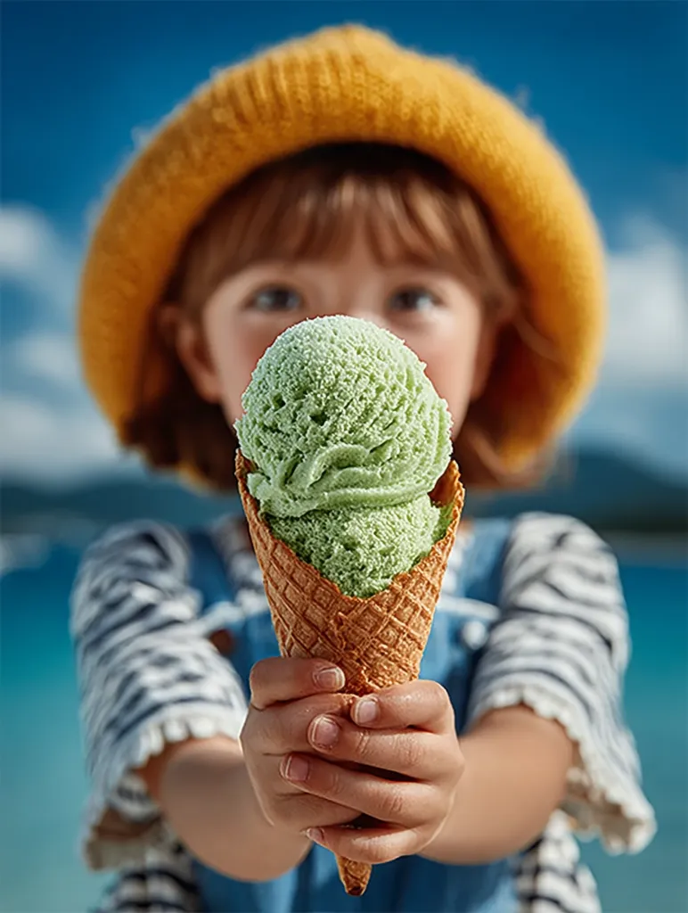 A young girl, wearing a yellow sun hat and striped shirt, holds out a waffle cone filled with two scoops of light green ice cream.  Her face is slightly out of focus, emphasizing the delicious-looking treat. The background is blurred, suggesting a sunny outdoor setting near water.  The overall image is bright, cheerful, and evokes a feeling of summer fun.