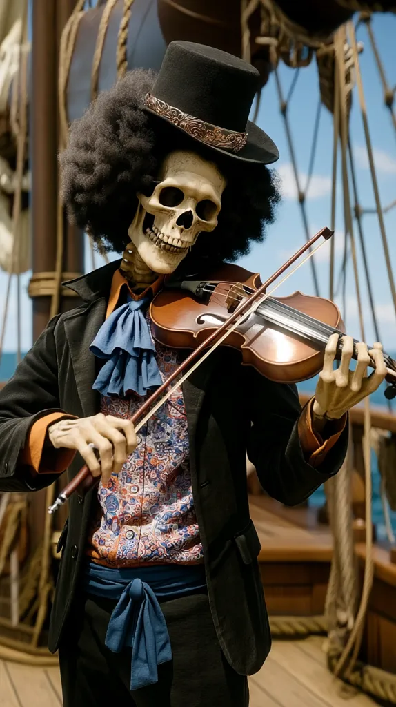 A skeleton with an afro hairstyle and top hat plays a violin on a ship's deck.  Dressed in a dark jacket and patterned shirt with a blue sash, the skeletal musician's pose is elegant and expressive.  The background features the ship's wooden structure and a bright, sunny sky, creating a striking contrast with the dark attire of the unusual performer.