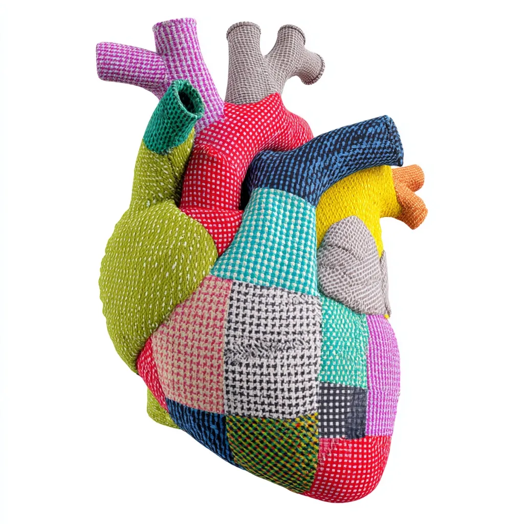 A vibrant, three-dimensional representation of a human heart is crafted from multicolored fabric patches.  The patchwork design features various textures and patterns in a diverse array of colors, creating a visually striking and whimsical effect.  The anatomical details of the heart are accurately depicted, though the material gives it a soft, almost plush appearance.