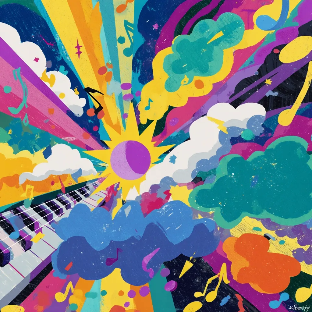 A vibrant, abstract artwork bursts with color and energy.  A stylized sun shines from behind a keyboard, radiating multicolored rays interspersed with musical notes and whimsical clouds.  The style is playful and expressive, reminiscent of children's book illustration or album art.  The overall effect is one of joyous, uplifting music.