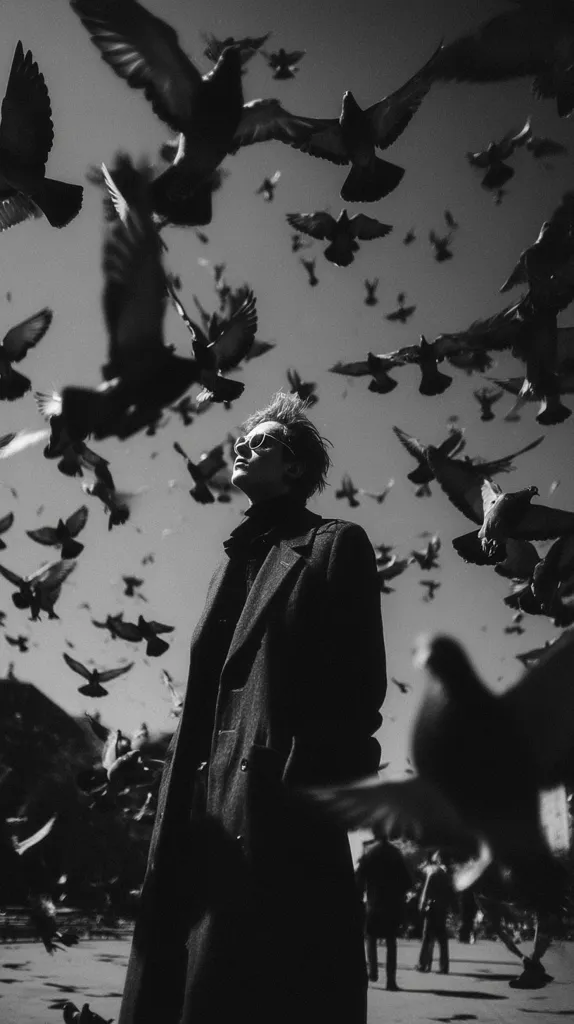A person in a long coat and sunglasses stands looking upward, surrounded by a flock of birds in flight. The monochrome image emphasizes the contrast between the human figure and the dynamic movement of the birds. The scene is likely outdoors, suggesting a moment of peaceful contemplation amidst nature's chaotic beauty. The overall mood is serene yet dramatic, capturing a fleeting moment of interaction between human and avian worlds.