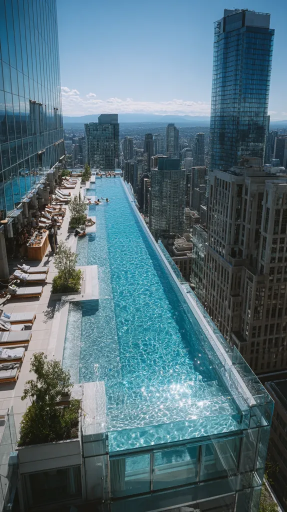 An infinity pool on a rooftop offers stunning panoramic views of a city skyline.  The pool's crystal-clear water appears to blend seamlessly with the cityscape below.  Luxury lounge chairs and potted plants surround the pool, creating a relaxing atmosphere.  Tall, modern buildings frame the scene under a bright, sunny sky.