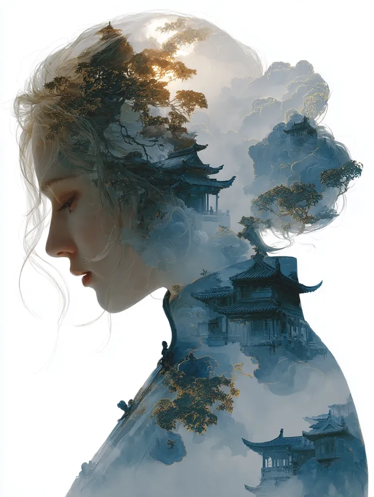 A double exposure image showcases a woman's profile superimposed onto a serene landscape. Her blonde hair flows gracefully, while the background reveals a misty, ethereal scene of traditional Chinese architecture nestled among trees and clouds. The woman's pensive expression adds a melancholic touch, creating a captivating blend of portraiture and landscape art. The overall aesthetic is dreamy and evocative.