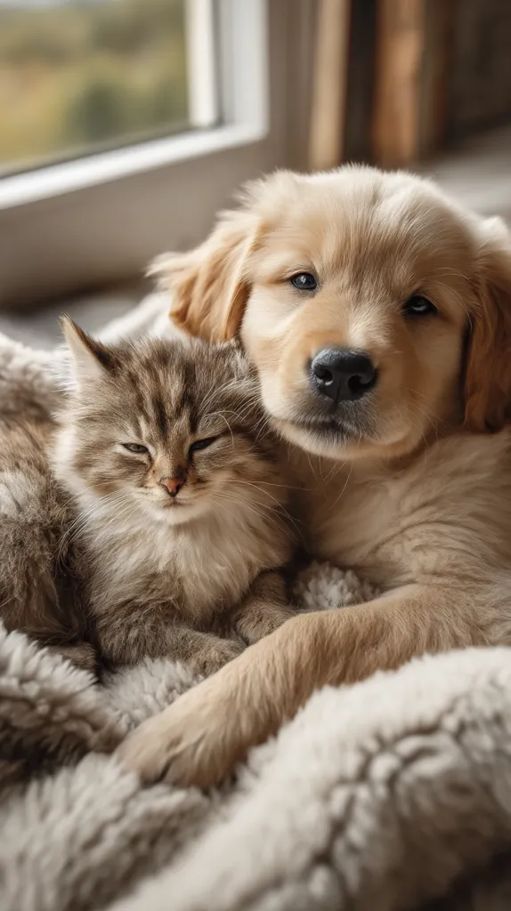 A golden retriever puppy and a fluffy gray kitten cuddle together on a soft, fluffy blanket.  The animals are nestled close, eyes closed, appearing relaxed and content.  The scene is peaceful and domestic, set against a softly lit window background.  The image evokes feelings of warmth and companionship between the young pets.