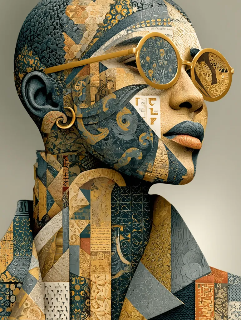 A stylized portrait of a person, seemingly female, with a face and body composed of intricately patterned, textured tiles in shades of gold and deep blue-grey.  The subject wears round, gold-rimmed glasses and a suggestion of a jacket. The artwork appears digital, showcasing a collage-like aesthetic with various patterns and scripts, creating a rich visual tapestry. The overall effect is one of sophistication and intricate detail.