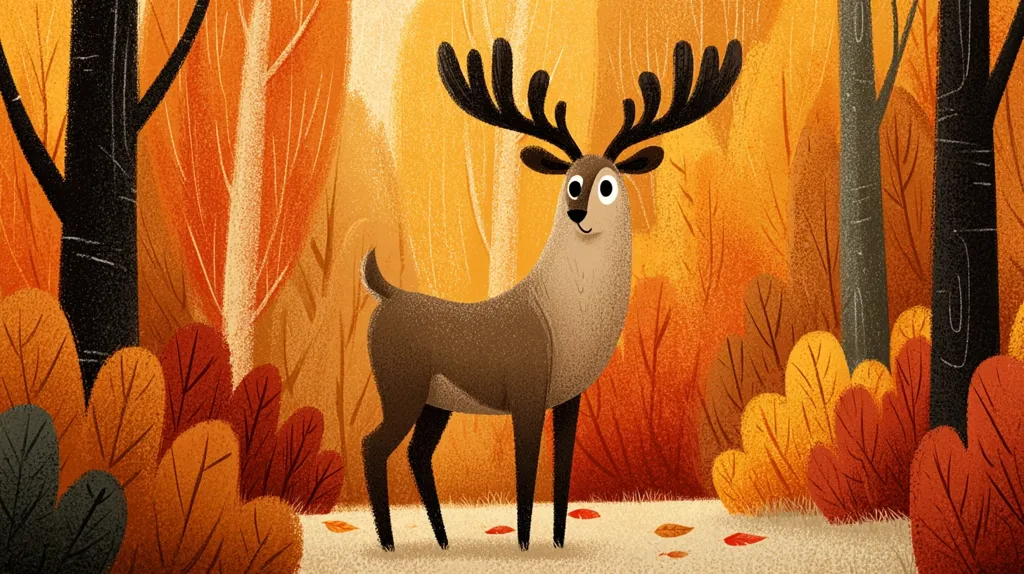 A stylized illustration depicts a deer with large antlers standing in an autumnal forest.  The deer is brown and textured, set against a background of orange and brown trees and undergrowth. The style is simplistic yet charming, with a focus on warm, fall colors and a slightly whimsical feel.  Fallen leaves are scattered on the ground.