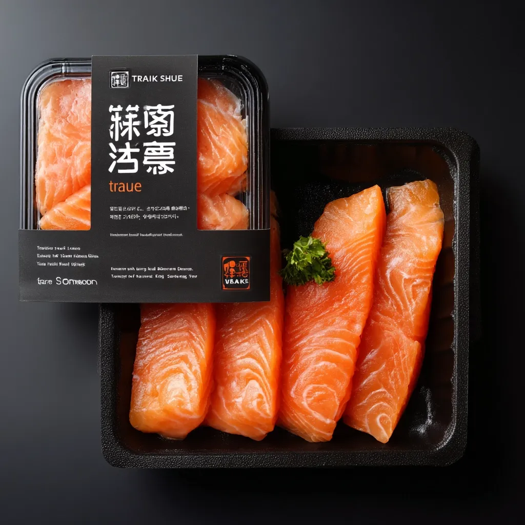 A black plastic tray holds several pieces of fresh salmon fillets, neatly arranged.  The salmon is bright orange-pink, showcasing its texture.  The tray is labeled with elegant, minimalist branding in English and Asian characters, indicating the product name "traue" by Traik Shue, likely a brand of high-quality salmon. A sprig of parsley adds a touch of freshness to the presentation.