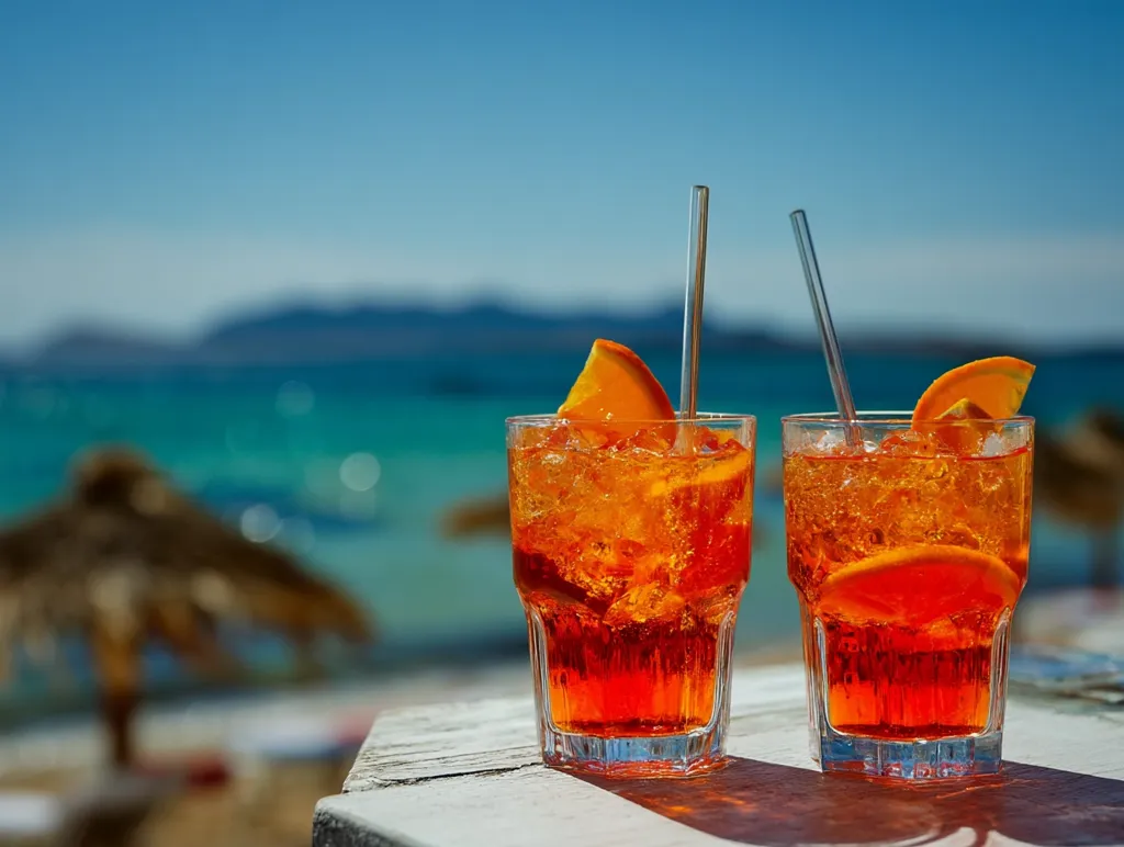 Two Aperol Spritzes sit on a weathered white table overlooking a sunny beach.  The vibrant orange cocktails are garnished with orange slices and ice, and clear straws protrude from each glass.  A blurred background showcases a turquoise sea,  distant hills, and beach umbrellas, creating a relaxing, summery scene.