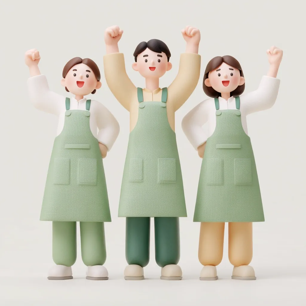 Three 3D-rendered cartoon characters, two women and a man, stand together, arms raised in celebration.  They wear matching light green aprons over white shirts and pants, suggesting a team or work uniform.  Their cheerful expressions and posture convey a sense of accomplishment or shared success. The style is minimalist and cute.