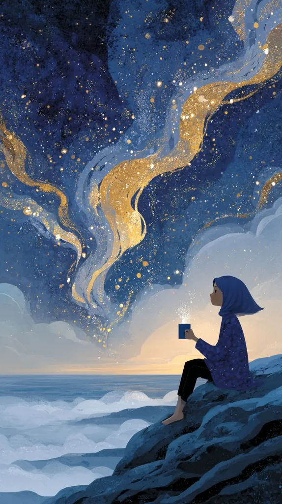 A young woman in a blue hijab sits on a rocky outcrop overlooking a calm sea.  Above her, a breathtaking celestial scene unfolds: a swirling nebula of deep blues and golds, speckled with shimmering stars. She holds a small, dark blue cup, from which a soft, golden light seems to emanate, connecting her to the magical sky. The overall mood is serene and dreamlike.