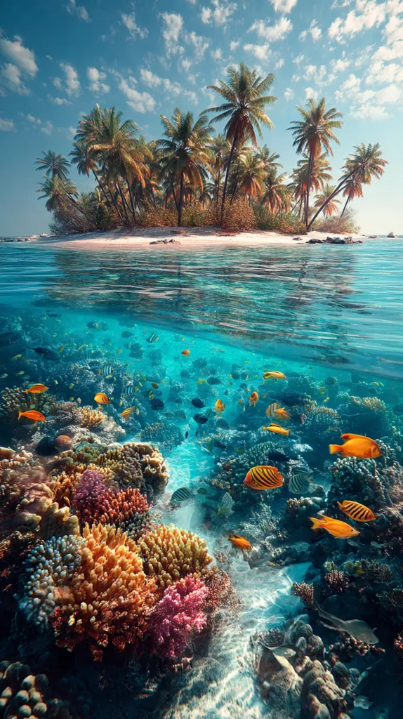 A tropical paradise island, abundant with lush palm trees, sits nestled in crystal-clear turquoise waters.  Below the surface, a vibrant coral reef teems with colorful fish, showcasing a breathtaking underwater world.  The contrast between the idyllic beach and the teeming marine life creates a stunning image of natural beauty.  Sunlight filters through the water, illuminating the coral and fish in vivid detail.