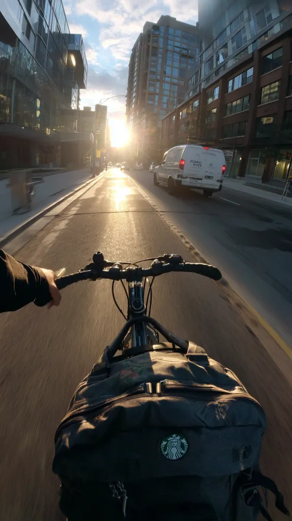 A cyclist rides through a city street at sunset.  The sun shines brightly behind them, illuminating the buildings and casting a warm glow on the road.  The cyclist has a backpack with a Starbucks logo, and a van is visible in the distance.  Modern buildings line the street, creating an urban backdrop to the scene. The image is taken from a first-person perspective.