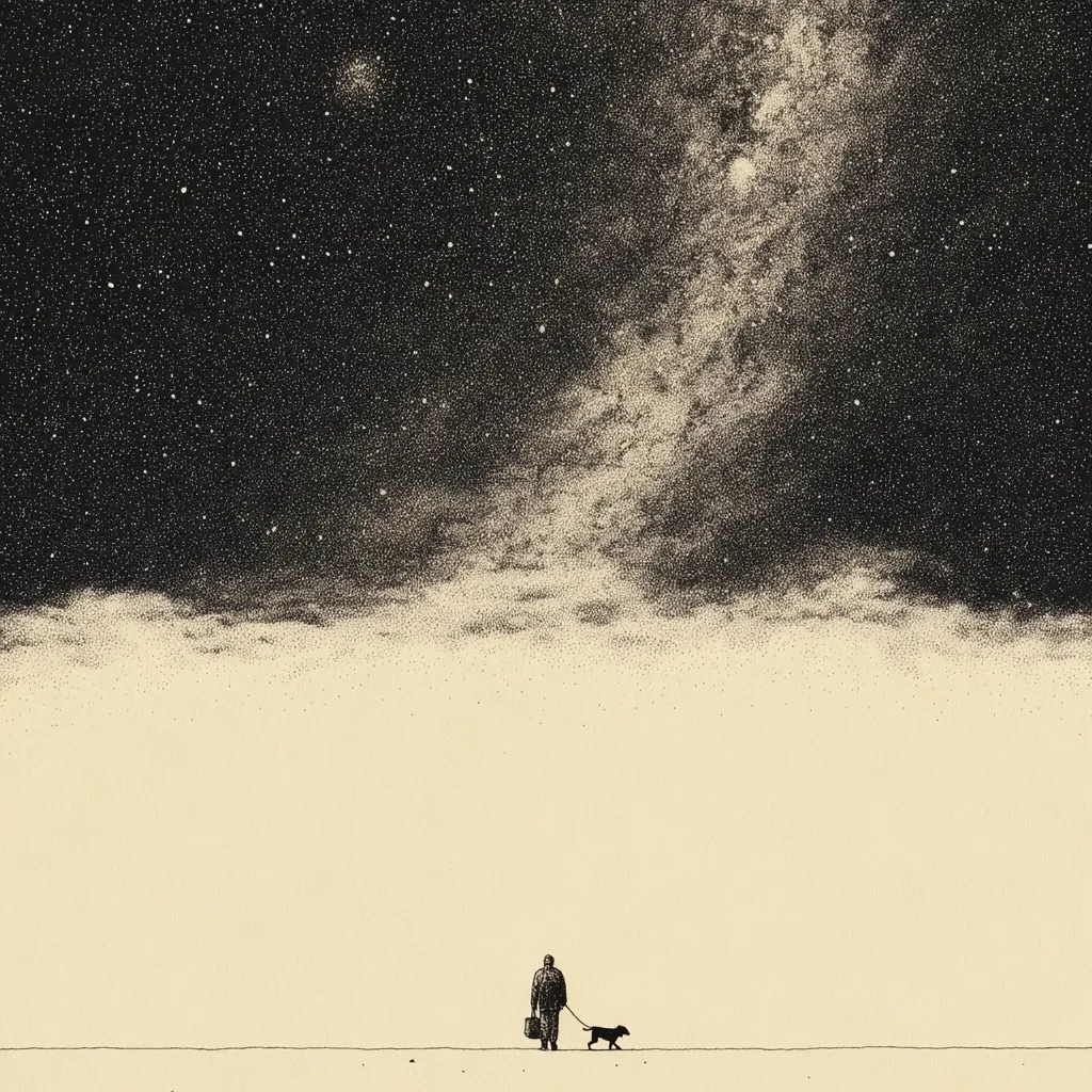 A lone figure, carrying a suitcase, walks a small dog across a pale landscape.  Above them, a breathtaking, pointillist depiction of a night sky dominates the image. The Milky Way stretches across the dark expanse, punctuated by countless stars. The scene evokes a sense of vastness, journey, and contemplation under the awe-inspiring cosmos.