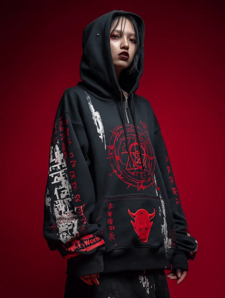 A model showcases a black oversized hoodie with red graphic designs.  The hoodie features a mix of stylized text, geometric patterns, and a bull's head motif.  The design is bold and incorporates elements of dark aesthetics. The model's dark makeup complements the hoodie's gothic style. The rich red background enhances the contrast of the clothing.