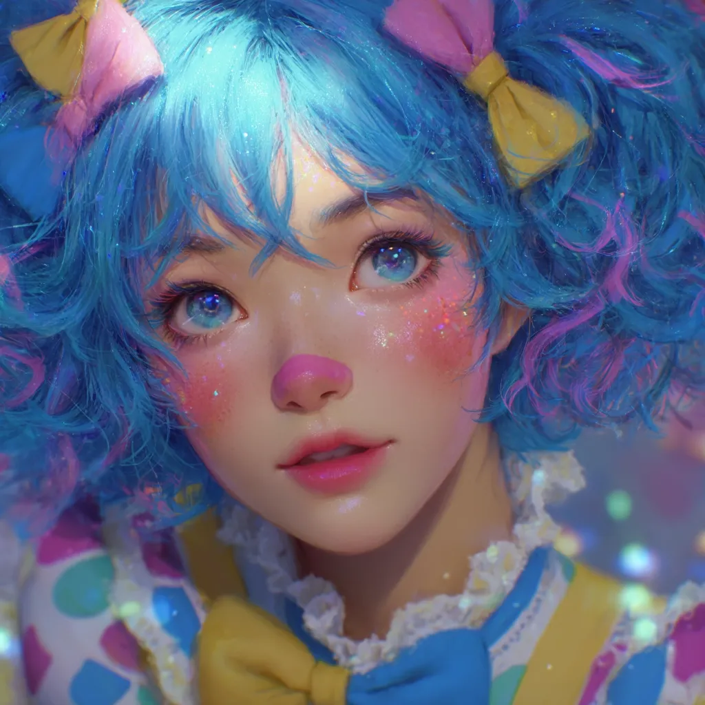 A digital painting of a girl with vibrant blue, curly hair styled with pink and yellow bows. She has a playful clown-like makeup with pink cheeks and a small pink nose.  Her large, expressive blue eyes and soft features create a whimsical and endearing portrait.  She's dressed in a pastel-colored, clown-inspired outfit, adding to the overall charming and slightly ethereal atmosphere.  Sparkle effects enhance the dreamy quality of the artwork.