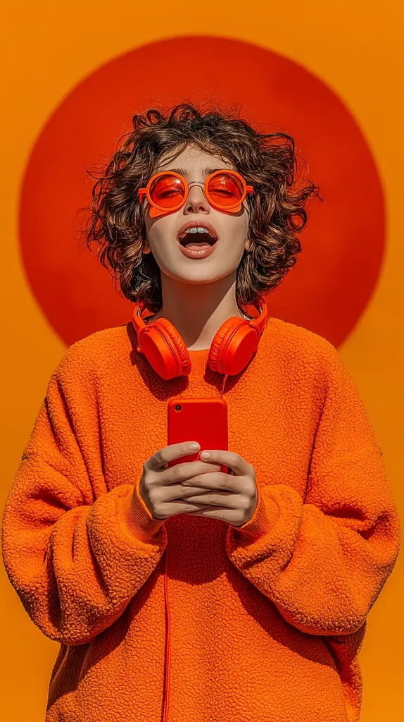 A young woman with curly brown hair wears a bright orange fleece sweater, matching headphones around her neck, and vibrant orange sunglasses.  She holds a red phone and her mouth is open, possibly singing or speaking. The background is a bold orange with a large, slightly blurred, concentric orange circle. The overall image is vibrant and playful, suggesting energy and summer.
