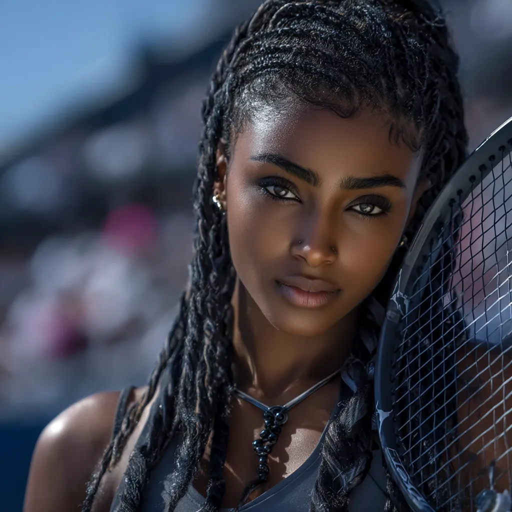 Close-up portrait of a young Black woman with long, dark braids. She's holding a tennis racket against her shoulder, her gaze intense and direct.  She wears a dark sleeveless top and a beaded necklace. The background is blurred, suggesting an outdoor setting, possibly a tennis court.  The sunlight accentuates her features and highlights the texture of her hair.