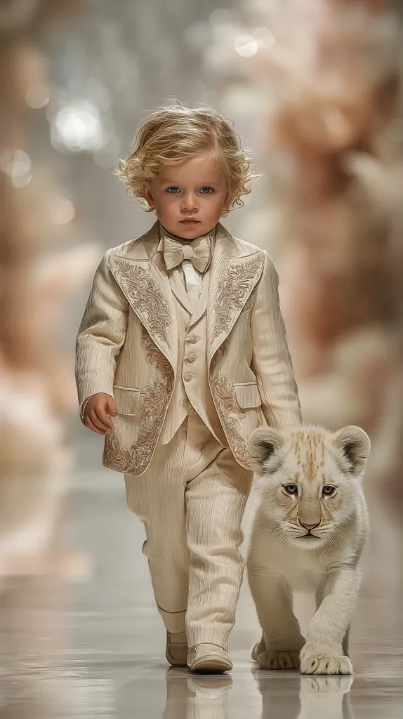 A young boy with blond, curly hair is fashionably dressed in a light beige suit adorned with intricate embroidery.  He walks confidently down a runway, a white lion cub calmly trotting alongside him.  The image is styled with a soft, dreamy quality, blurring the background and focusing on the boy and his unusual companion. The overall effect is one of sophisticated elegance and gentle charm.